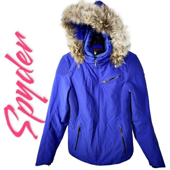 SPYDER "Posh" Insulated Ski Jacket Coyote Fur Hood Full Zip Cobalt Blue - Picture 1 of 14